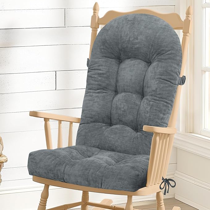 Rocking Chair Cushion - Chenille Fabric, High-Density Sponge, Durable Comfort Double-Sided Tufted Seat Pads with Ties, Chenille︱Pearl Light Grey, 44x19x4 inch