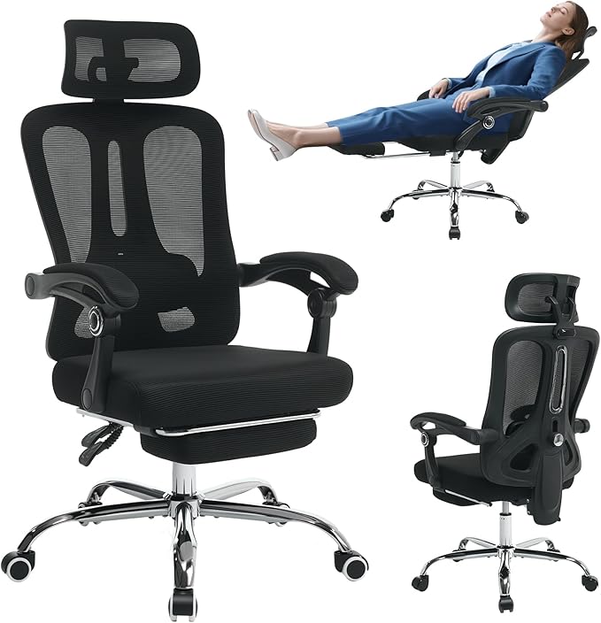 GarveeHome High Back Ergonomic Office Chair with Mesh Back, Retractable Footrest, Adjustable Headrest & Lumbar Support – Wide Computer Desk Chair with Wheels for Home Office or Bedroom, Black