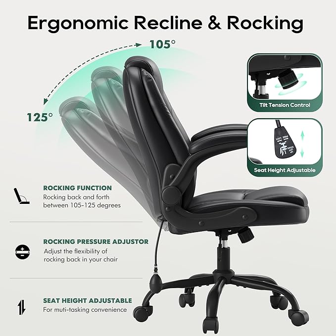 MALOL Leather Office Chair, Home Desk Chair with Adjustable Lumbar Support, Thick Cushion, Flip-Up Arms and Ergonomic Back, Comfy Executive Office Chair for Home Office, Black