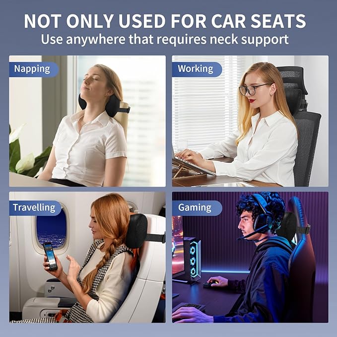 Car Neck Pillow, Memory Foam Headrest Pillow for Driving with Adjustable Strap, Soft Breathable Removable Mesh Cover, Ergonomic Design for Office Chair and Driving, Black