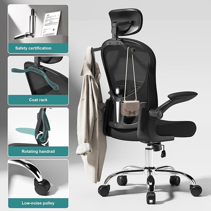 Ergonomic Office Chair with Headrest and Adjustable Lumbar Support, Mesh Back Computer Desk Chair, Flip-Up Armrest, 360° Swivel Rolling Chair for Home Office Study Gaming(Black)