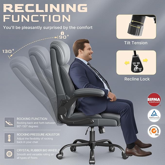 Office Chair-Executive High Back Breathable Comfy Desk Chair with Flip-up Armrests Lumbar Support-Ergonomic Leather Rolling Swivel Chair with Rock Function for Working,2 Pack