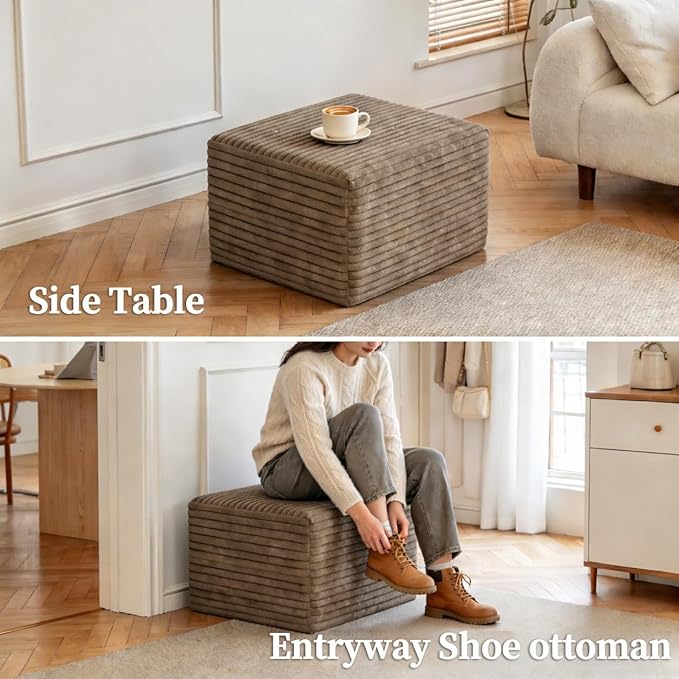 25.6" Ottoman Foot Rest for Couch，Plush Corduroy Rectangle Ottomans,Upholstered Memory Foam Couches Ottomans - Compressed Sofa in a Box No Assembly Require,Camel