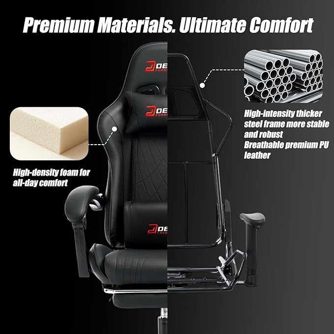 Gaming Chair with Footrest, Ergonomic Game Chair with Lumbar Support and Linkage Armrest, Reclining Computer Chair Height Adjustable for Home Office (1001-Black)