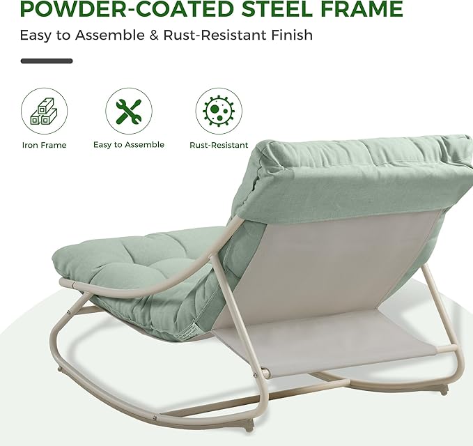Grand patio Outdoor Rocking Chair, Metal Lounge Rocking Chair with Thick Cushion, Comfy Modern Rocker for Patio Porch Deck Backyard, Green