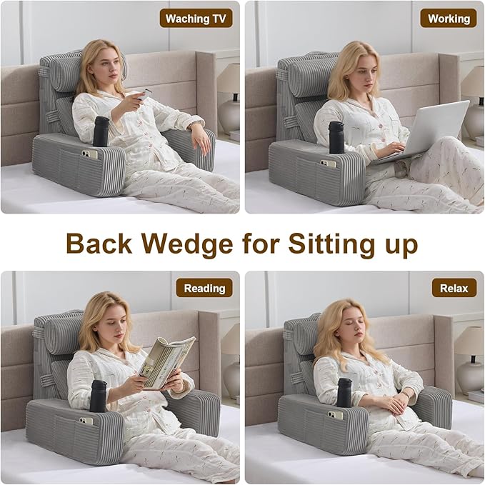 Reading Pillow for Sitting in Bed Adult, Back Pillow for Bed Sitting up with Arms, Pockets and Cup Holder, Sit Up Backrest Pillows for Beds Chair Support, Rest Pillow for Gaming