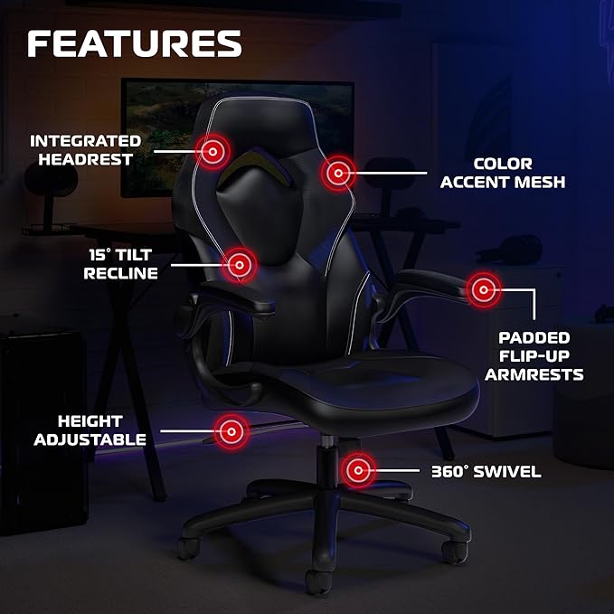 RESPAWN 3085 Ergonomic Gaming Chair for Adults, High Back Office Chair with Headrest and Flip Up Arms, Leather Racing Style Gaming Seat with Lumbar Support, Video Game Computer Desk Seat - Black