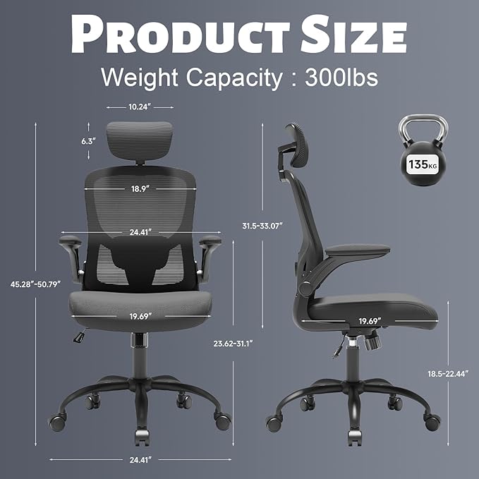 Adjustable Ergonomic Office Chair with Headrest and Lumbar Support, Mesh Back Computer Desk Chair, Flip-Up Armrest, 360° Swivel Rolling Chair for Home Office Study Gaming