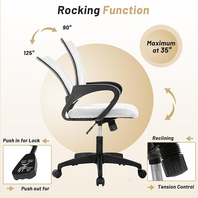 Office Chair,Work Chairs for Home Office,Ergonomic Desk Chair with Lumbar Support,Mesh Office Chair with Arm and Wide Comfortable Seat,Adjustable Rolling Office Chair,White