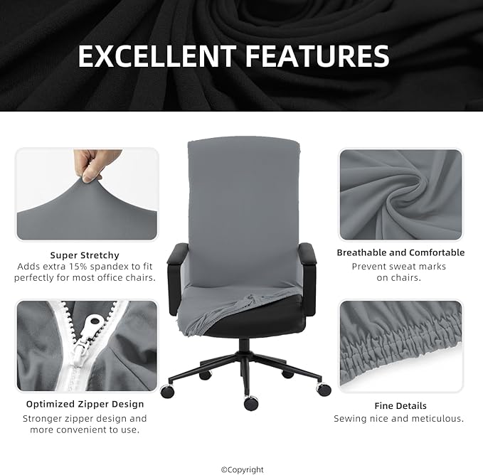 Elastic Computer Chair Cover with Durable Zipper - Protective Removable Washable Universal Office Desk Chair Seat Slip Cover - Stretchy Soft Anti-dust Desk Chair Seat Protector - Mid Gray