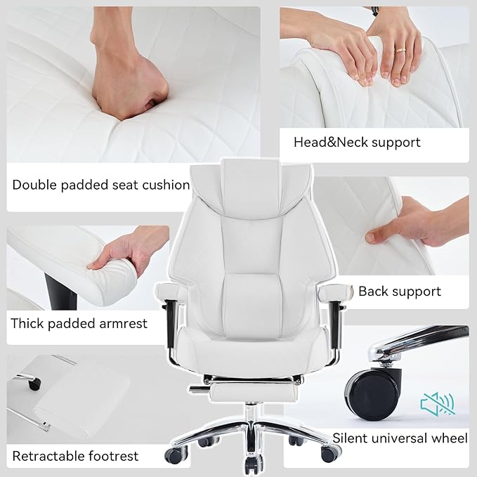 EXCEBET Big and Tall Office Chair with Footrest, PU Leather High Back Executive Office Chair 400lbs, Ergonomic Computer Chairs Lumbar Support for Heavy People (White)
