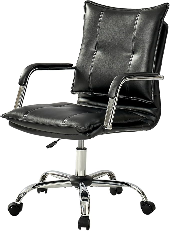 HULALA HOME Faux Leather Home Office Desk Chair, Adjustable Swivel Computer Chair with Sliver Legs and Arms, Comfy Upholstered Task Chair(Black)