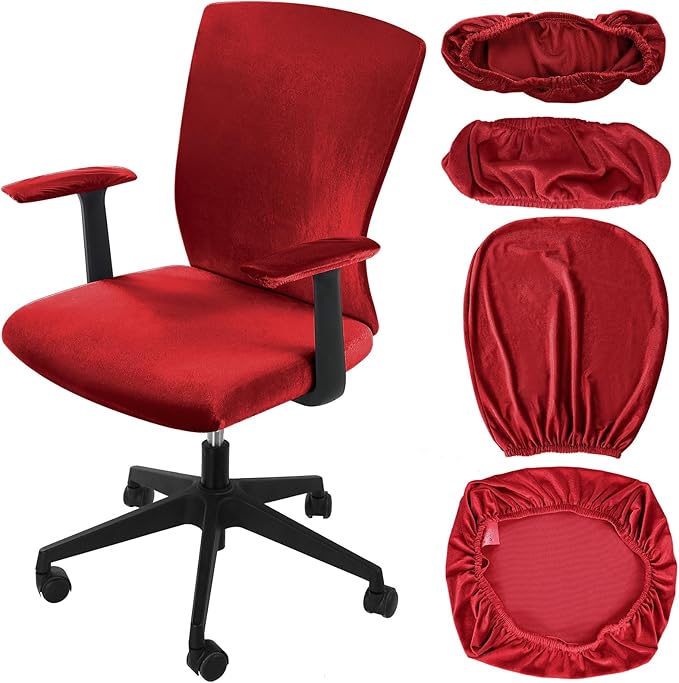 Tallew 4 Pcs Office Chair Covers Set Computer Universal Protective Stretchable Chair Seat Covers Desk Armrest Slipcovers Pads Office Cushion Backrest for Rotating(Claret)