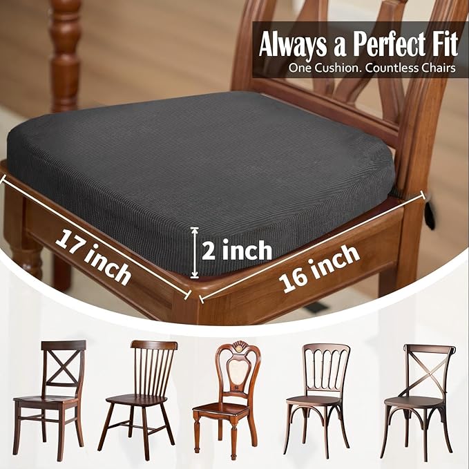 2'' Thick High-Density Foam Indoor Chair Cushions | Dining Chair Pads with Ties, Removable Washable Cover, Kitchen Chair Cushions 17"x16",Dark Gray 6 Pack