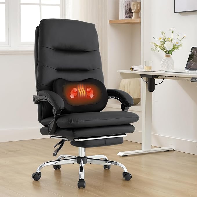 Kneading Massage Executive Office Chair with Heated,90-135° Reclining Chair with Footrest, Ergonomic Desk Chairs (Black with External Massager)