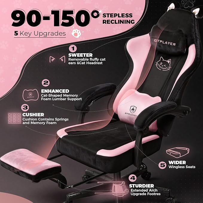 Pink Gaming Chair Cute with Cat Ears Ergonomic Computer Chair with Cat Embroidery Adjustable Memory Foam Lumbar Support and Headrest Comfortable Reclining Office Chair Soft Velvet Fabric