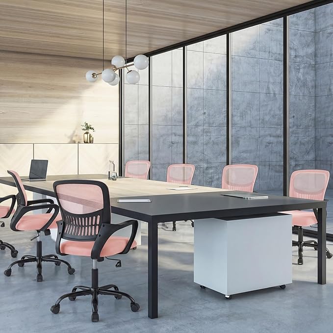 Sweetcrispy Home Office Managerial Executive Chair, Ergonomic Mesh Adjustable Swivel Mid-Back Computer Desk Chair with Comfortable Lumbar Support, Comfy Arms for Bedroom,Study, Blak&Pink