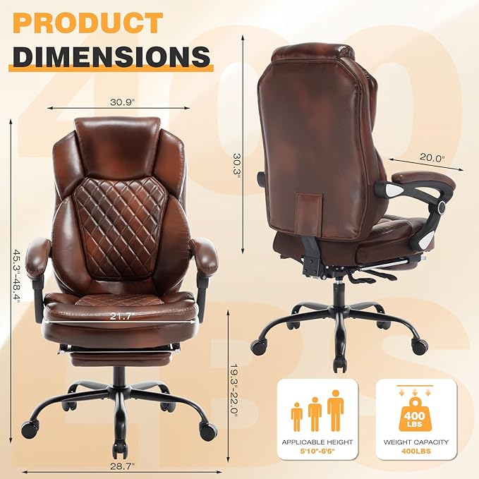 400lbs Reclining Office Desk Chair with Footrest, Managerial Executive Chair Lounge Chair for Office, Plus Size Brown Leather Recliner Office Chairs