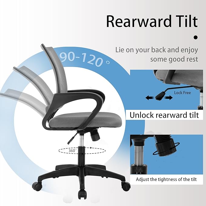 Office Computer Desk Managerial Executive Chair, Ergonomic Mid-Back Mesh Rolling Work Swivel Chairs with Wheels, Comfortable Lumbar Support & Comfy Arms, PVC Base, Gray
