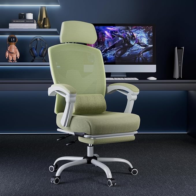 Simple Deluxe Home Office Desk Chair with Footrest, High-Back Mesh Rolling Swivel Reclining Chairs with Wheels, Comfortable Headrest, Lumbar Support, Comfy Arms