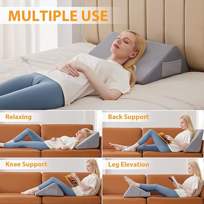 Ruqmuis Knee Pillow for Back Sleeping, 8” Knee Wedge Pillow to Elevate Knee, Leg Pillow for Back Pain Relief, Triangle Pillow, Leg Elevation Pillows for After Surgery, Blood Circulation, Velvet