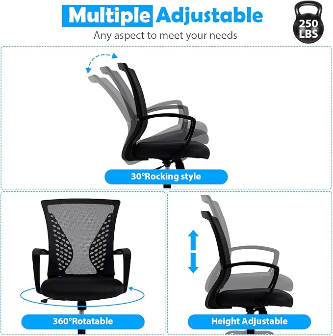 Ergonomic Office Chair with Lumbar Support - Adjustable Mesh Computer Chair for Home Office, Mid Back Swivel Task Chair with Arms, Breathable & Comfortable for Long Hours Work (Black)