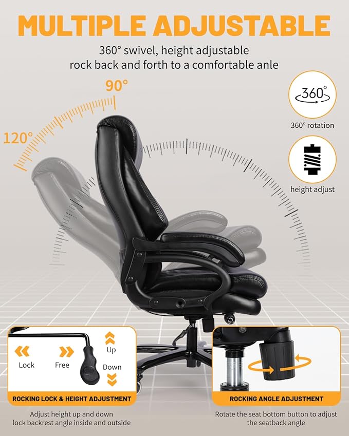 Big and Tall Executive Office Chair with Adjustable Lumbar Support, Extra Wide Seat, Heavy Duty Computer Desk Chair for Long Working Hours, Gaming & Home Office, Quiet Rolling Wheels