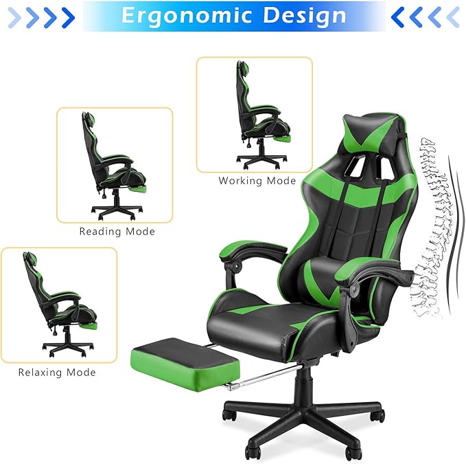 Soontrans Gaming Chair Green,Racing Gaming Chair with Footrest,Ergonomic Computer Gamer Chair,Game Chair with Adjustable Headrest and Lumbar Support