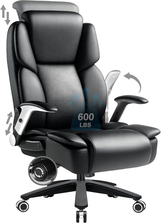 600lbs Big and Tall Office Chair for Heavy People,Heavy Duty Comfy Executive Office Desk Chair with Adjustable Lumbar Support,High Back Reclining PU Leather Computer Chair,Metal Base (Classic, Black1)