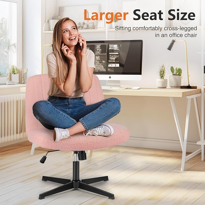 Sweetcrispy Criss Cross Chair Legged, Furry Armless Office Swivel Desk Chairs No Wheels, Vanity Height Adjustable Wide Seat Comfy Cute Computer Task Chair for Home Bedroom, Teddy Pink