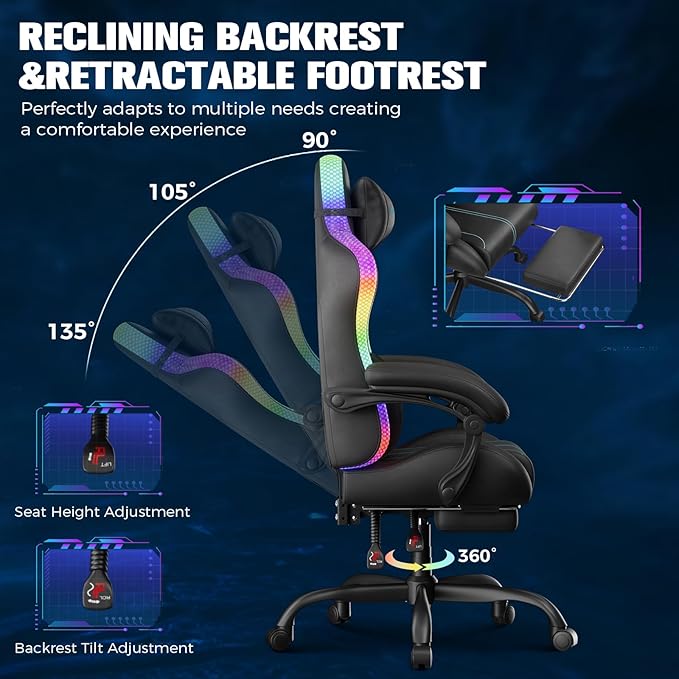 GTPLAYER Gaming Chair with Speakers, Computer Chair with RGB LED Lights, High Back Ergonomic Chair for Adults with Footrest, Reclining Office Chairs, Linkage Armrest, Black Blue