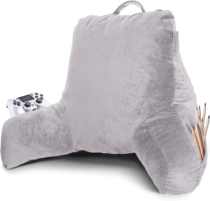 Clara Clark Reading Pillow with Shredded Memory Foam for Sitting Up in Bed and Couch, Back and Arms Adjustable Support for Adults & Teens Backrest Pillows for Reading with Washable Cover Grey Lavender