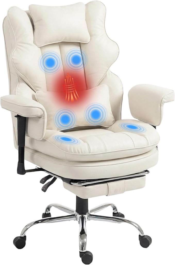 Big and Tall Massage Office Chair with Heat, Extra Wide Double-Layer Pocket Spring Cushion, High Back Reclining Gaming Chair with Adjustable Armrests & Footrest, Heavy Duty Ergonomic Chair, White