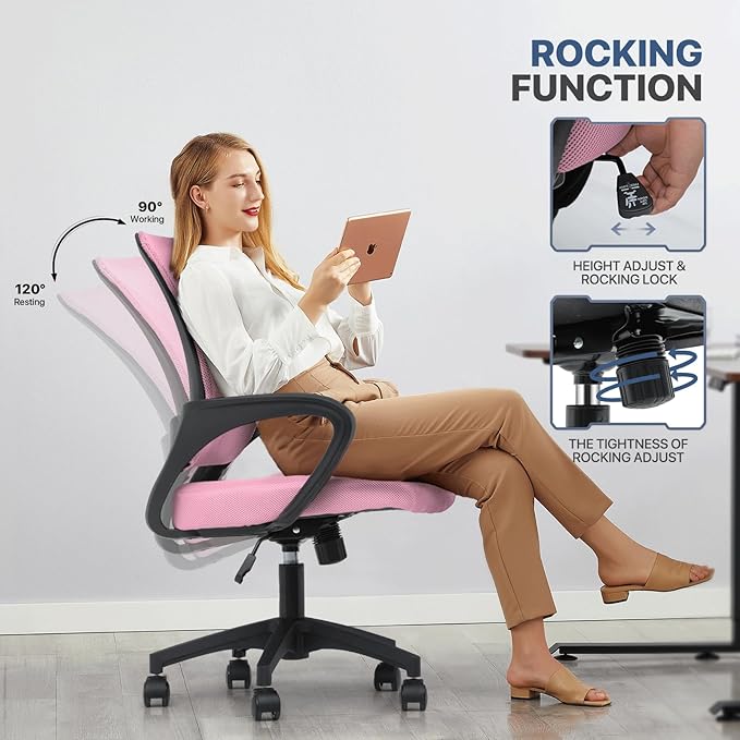 MoNiBloom Mesh Office Chair Set of 2, Ergonomic Computer Chair for Adults, Rolling Swivel Mid-Back Desk Chair with Lumbar Support, Comfy Armrest for Home Office, Gaming, Pink