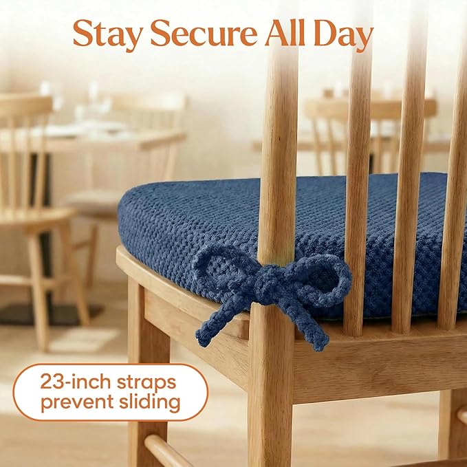 Navy Blue Foam Chair Cushions with Ties Removable Covers, D-Shape Dining Kitchen Chair Seat Pads Non Slip 17"x16" Set of 4