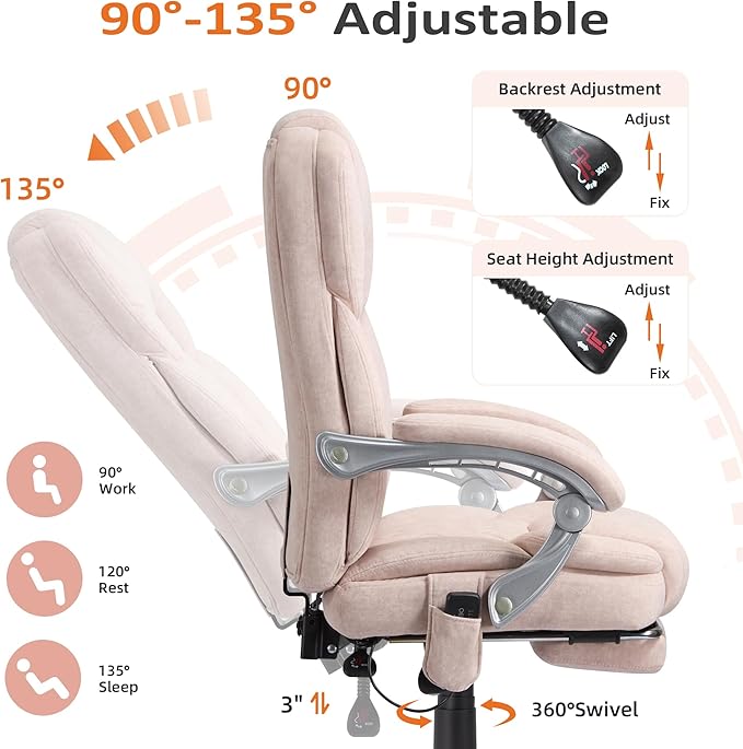 HOMREST 6-Point Massage Office Chair with Footrest, Heated Executive Office Chair with Reclining Backrest, Velvet Ergonomic Computer Desk Chair with Padded Armrest,Pink