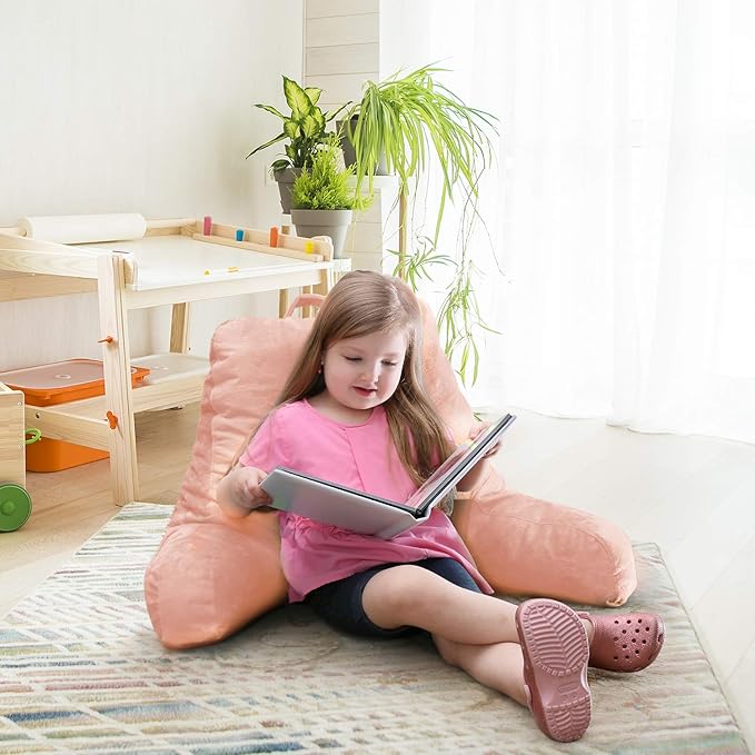 Clara Clark Reading Pillow for Kids & Teens with Shredded Memory Foam, Backrest Pillows for Reading, Watching, and Gaming, Use on The Couch, Bed, or Floor, Adjustable Support, Washable Cover Peach
