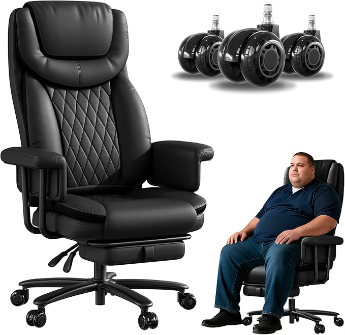 Executive Office Chair Big and Tall 500LBS, 165° Reclining Office Chair with Footrest, Leather Desk Chair with Quiet Rubber Wheels, Height Adjustable, Padded Arms, Black