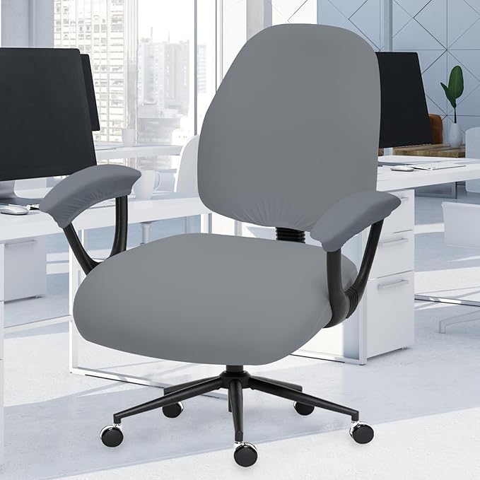 Super Stretchable Separate Office Chair Seat Covers - Universal Spandex Computer Chair Slipcover - Rotating Backrest Coverings & Cushion Protectors & Armrest Covers for Dogs, Cats, Pets, Mid Gray