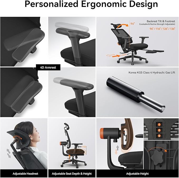 Newtral Ergonomic Office Chair - Home Office Desk Chair with Adaptive Lumbar Support, with Footrest, 4D Armrest, Adjustable Seat Depth & Height