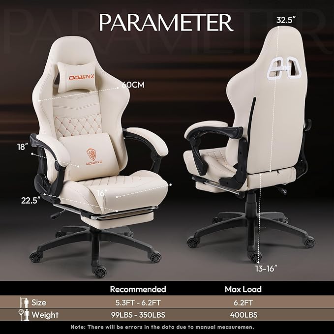 Dowinx Big & Tall Vintage Gaming Chair for Adults, 400 lb Capacity Heavy Duty Ergonomic Computer Chair with Massage Lumbar, Footrest & Easy Side Recline, Ivory