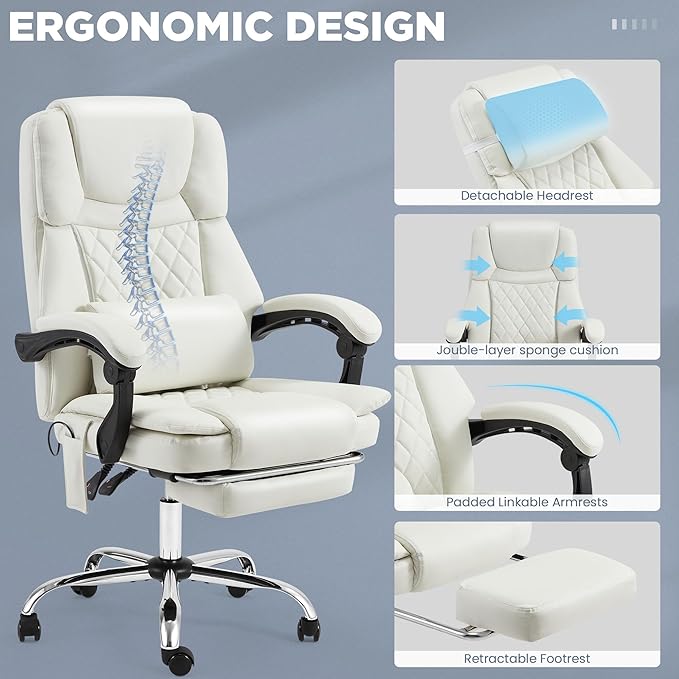 HOMREST 3D Kneading Massage Office Chair with 16 Kneading Nodes & Lumbar Support,Ergonomic Reclining Desk Chair with Footrest & Linkage Armrests,PU Leather Executive Chair with for Home Office (White)