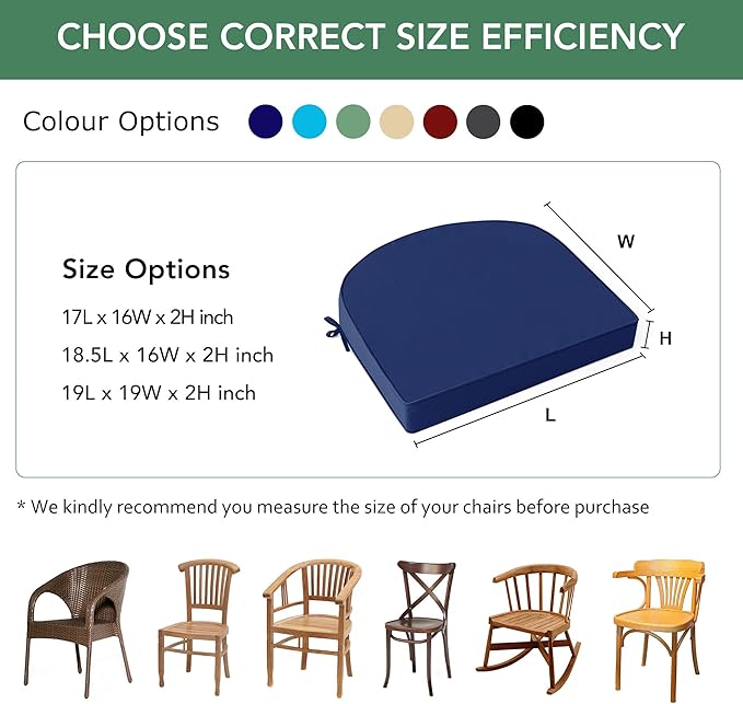 Outdoor Chair Cushions Set of 4: Waterproof & Fade Resistant Patio Furniture Cushions - 18.5 x 16 x 2 Inch Non Slip Round Corner Seat Cushion Pads with Removable Cover for Garden Yard Lawn, Navy Blue
