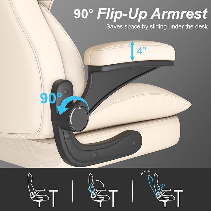 Office Chair, Home Desk Chair, Ergonomic Computer Chair with Lumbar Support, Executive Leather Chair with Flip-Up Armrests, Big and Tall Swivel Rolling Chair, Beige