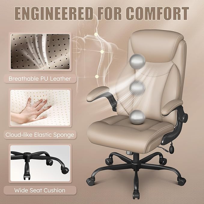 Ergonomic Office Chair, Home Desk Computer Chair, High Back Executive Chair，Padded Leather Ergonomic Computer Desk Chair with Inflatable Lumbar Support & Flip-Up Arms, Swivel Chair,Beige 2 Pack