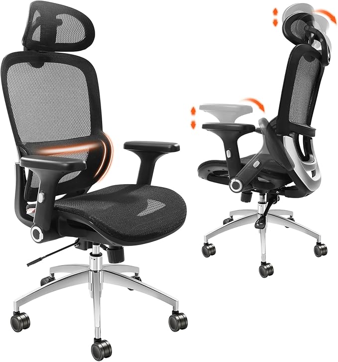VEVOR Ergonomic Office Chair, High Back Home Desk Chair with Adjustable Headrest, Flip-Up Arms, 90-130° Tilt Lock & Wide Backrest, Lumbar Support, Computer Mesh Chairs for Man Woman, Black Task Chair