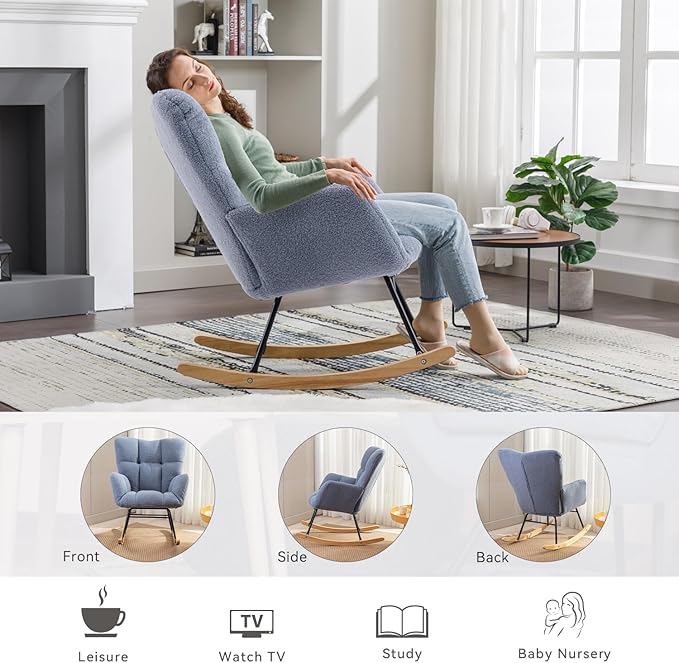FOXHUNTER Rocking Chair Nursery Teddy Upholstered Glider Rocker High Backrest Nursery Rocker Comfortable Stylish Accent Armchair for Living Rooms Bedrooms Offices (Teddy Light Blue)