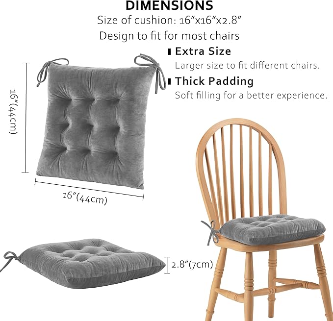 ELFJOY 4 Pack Chair Cushions for Dining Chairs Chair Pads Cushion for Kitchen Office Tufted Square Seat Cushion with Ties (16" Grey Velvet)