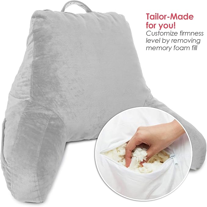 Clara Clark Reading Pillow for Kids & Teens with Shredded Memory Foam, Backrest Pillows for Reading, Watching, and Gaming, Use on The Couch, Bed, or Floor Adjustable Support, Washable Cover Light Grey
