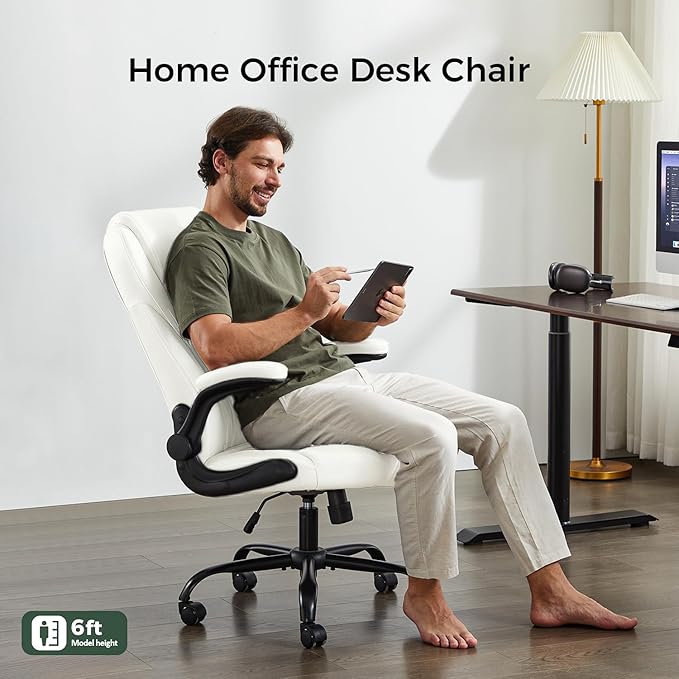 amseatec Office Chair, Executive PU Leather Chair, Ergonomic Computer Desk Chair with Lumbar Support and Adjustable Flip-Up Arms, Rocking Task Chair, White